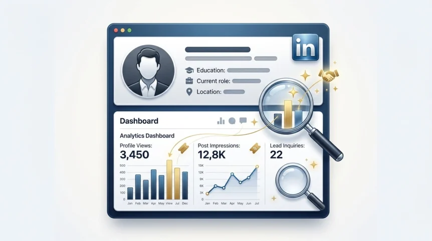 A minimalistic vector illustration of a LinkedIn profile with a magnifying glass over the profile views section